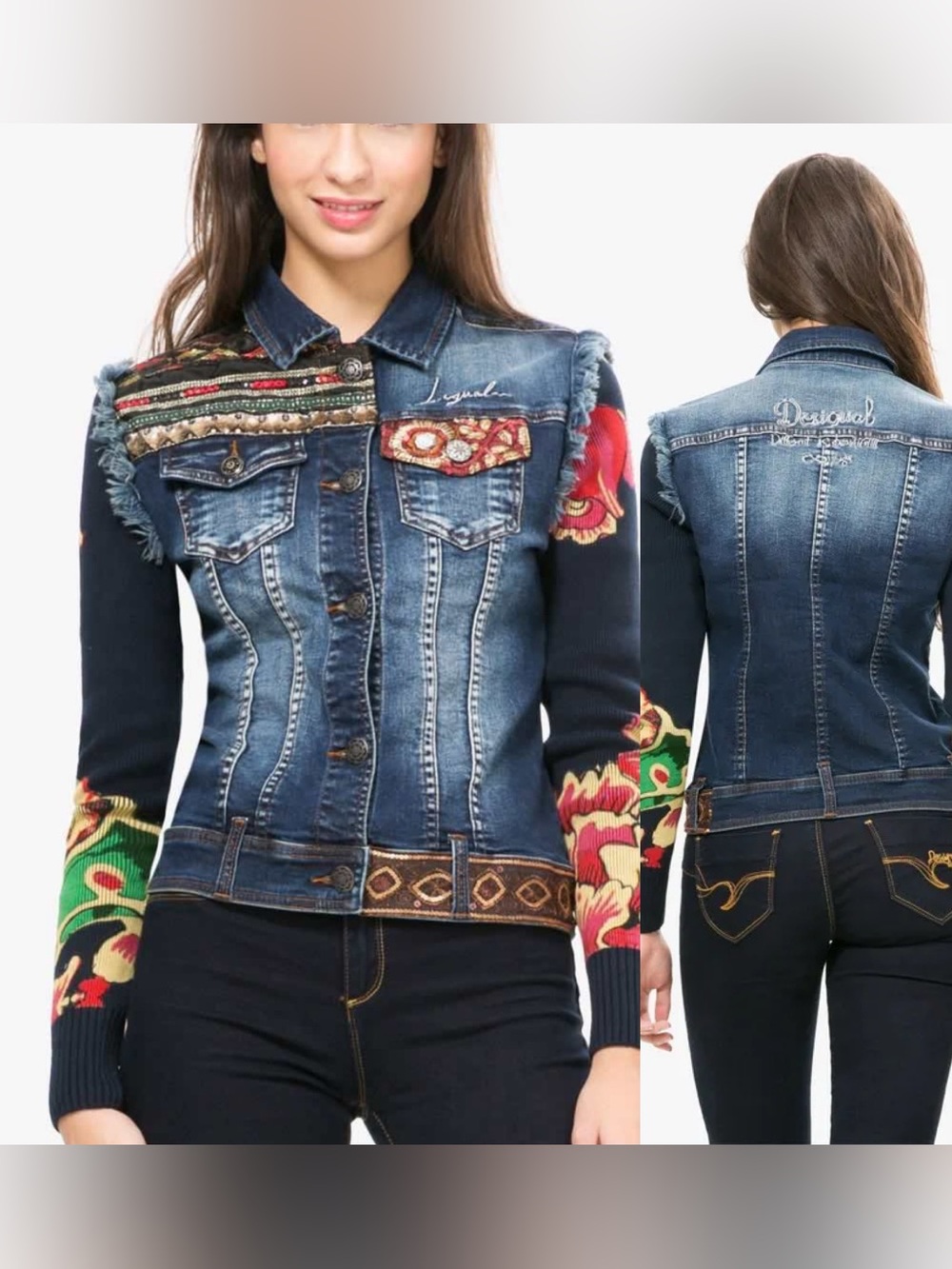 Desigual Embroidered Patchwork Jean Jacket Floral Knit Sleeves Size 38 / 6